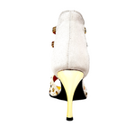 Load image into Gallery viewer, Swann Elizabeth (460PW) - Women&#39;s Sandal in Ice Suede with Gold Studs and Black Swarovski Enclosed Gold Elastics and Gold Laminated Stiletto Heel
