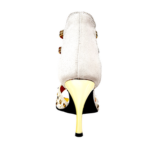 Swann Elizabeth (460PW) - Women's Sandal in Ice Suede with Gold Studs and Black Swarovski Enclosed Gold Elastics and Gold Laminated Stiletto Heel