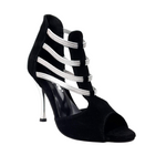 Load image into Gallery viewer, Tatyana (460PW) - Woman&#39;s Sandal in Black Suede with Silver Elastics and Silver Laminated Stiletto Heel
