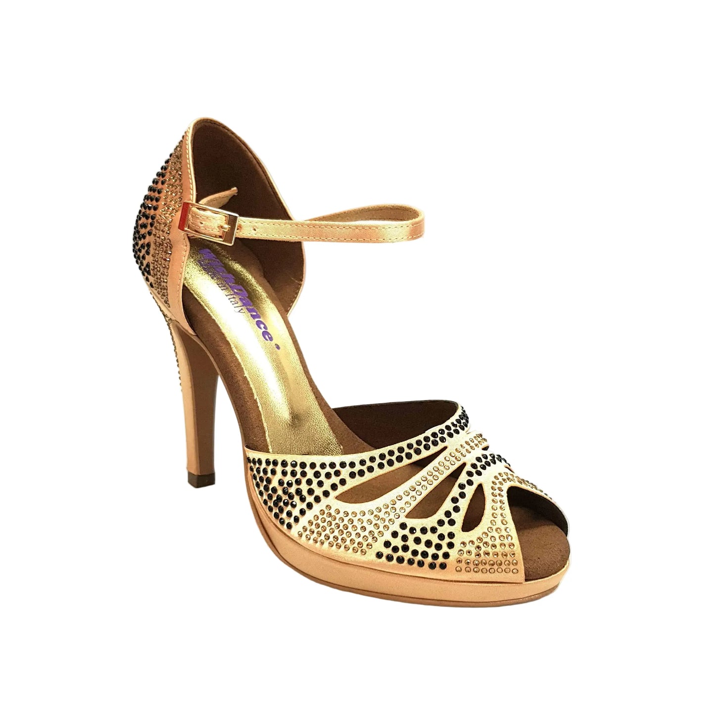 Scarpa da ballo Wish Dance Shop Alexa in raso carne con Swarovski champagne e neri, tacco alto, spillo largo e piattaforma comoda
