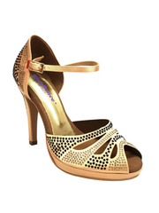 Carica immagine nella Galleria, Alexa (LP4) - Scarpa da Ballo in Raso Carne Flesh Con Swarovski Champagne e Neri con Tacco Alto Spillo Largo e Platò Confort Flex