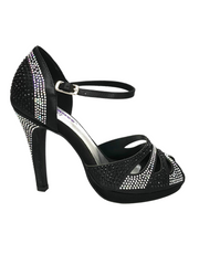 Carica immagine nella Galleria, Alexa (LP4) - Scarpa da Ballo in Raso Seta Nero Con Swarovski Boreali e Neri Tacco Alto Spillo Largo e Plateau Flex
