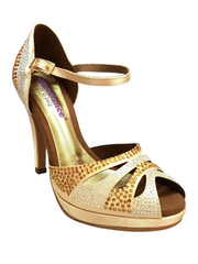 Carica immagine nella Galleria, Alexa (LP4) - Scarpa da Ballo in Raso Oro Con Swarovski con Tacco Alto a Spillo Largo e Plateau
