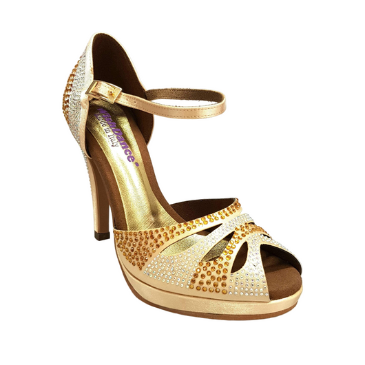 Alexa (LP4) - Ballroom Shoe in Gold Satin With Swarovski with Wide Stiletto Heel and Plateau