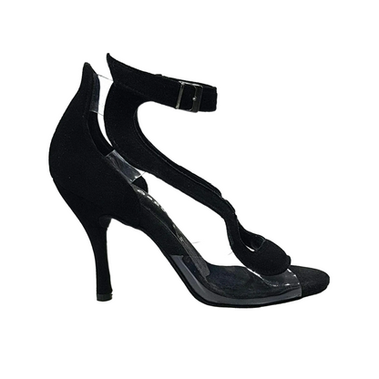 Sandalo donna Angela in camoscio nero con parti in plexiglass e tacco a spillo, scarpe eleganti Wish Dance Shop.
