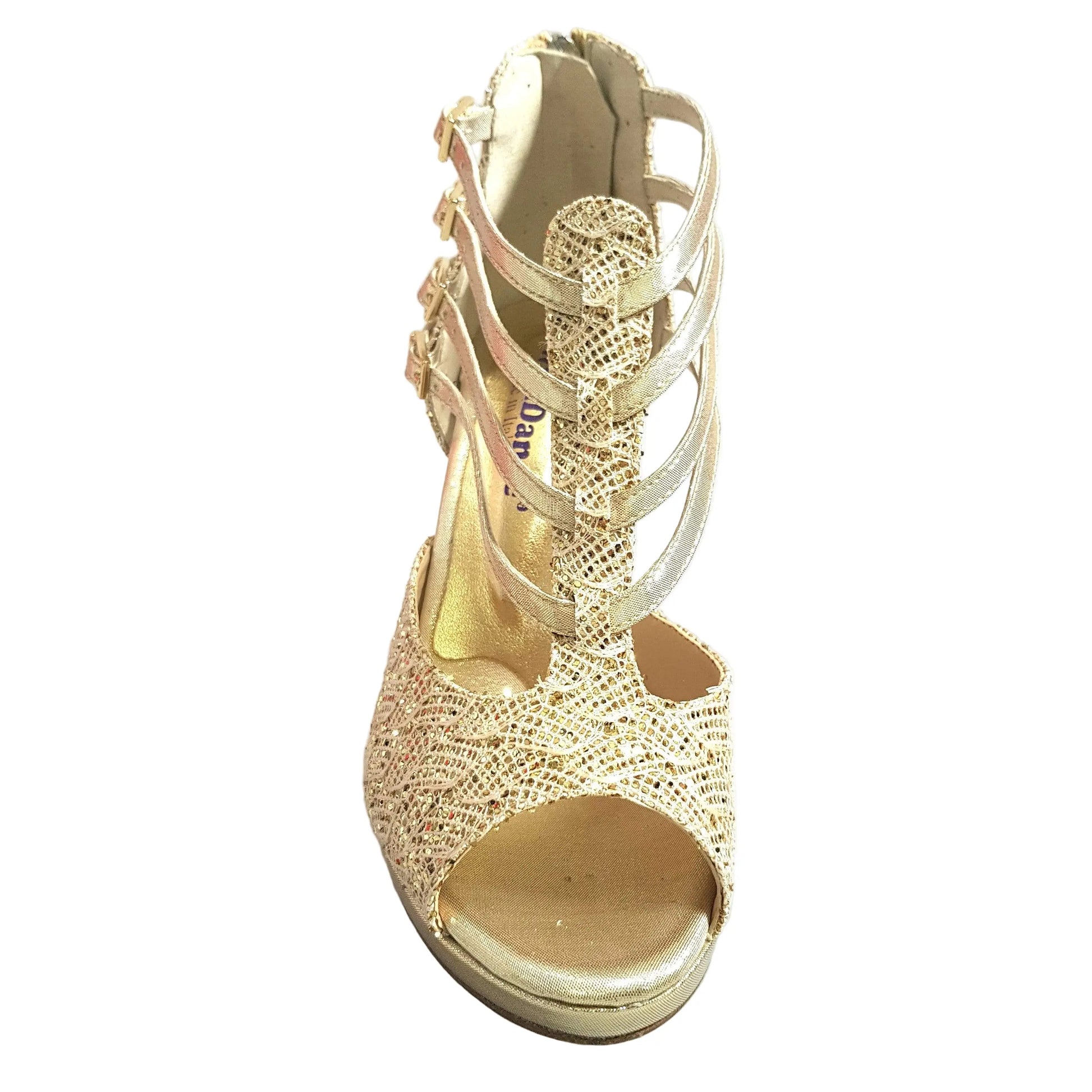 Scarpa da donna Lussuria in pizzo oro con plateau e tacco a spillo, elegante e brillante, marca Wish Dance Shop.