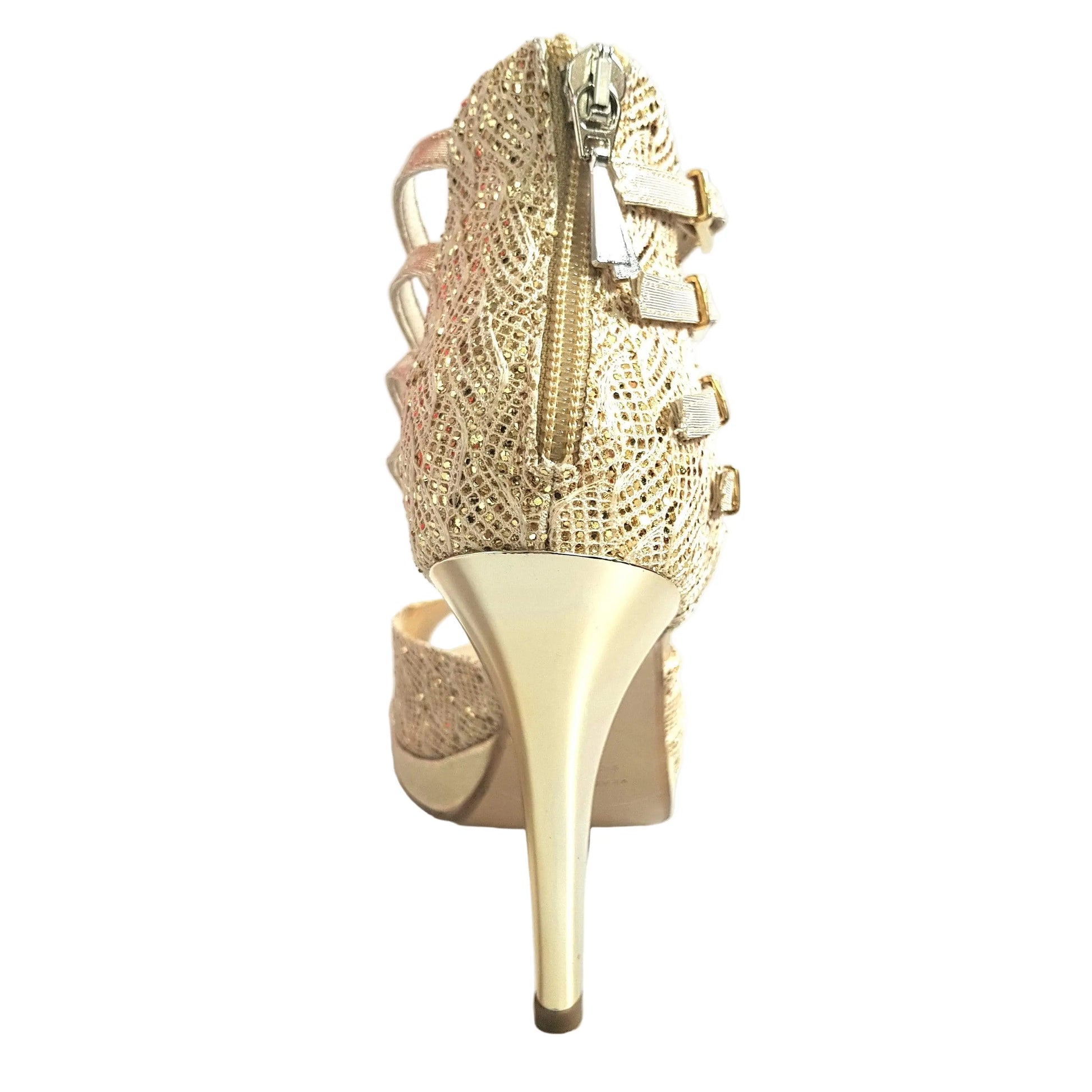 Scarpa da donna Lussuria in pizzo oro con plateau e tacco a spillo, dettaglio elegante in lurex dorato.