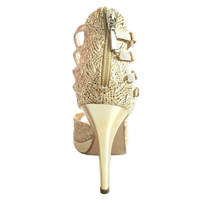Scarpa da donna Lussuria in pizzo oro con plateau e tacco a spillo, dettaglio elegante in lurex dorato.