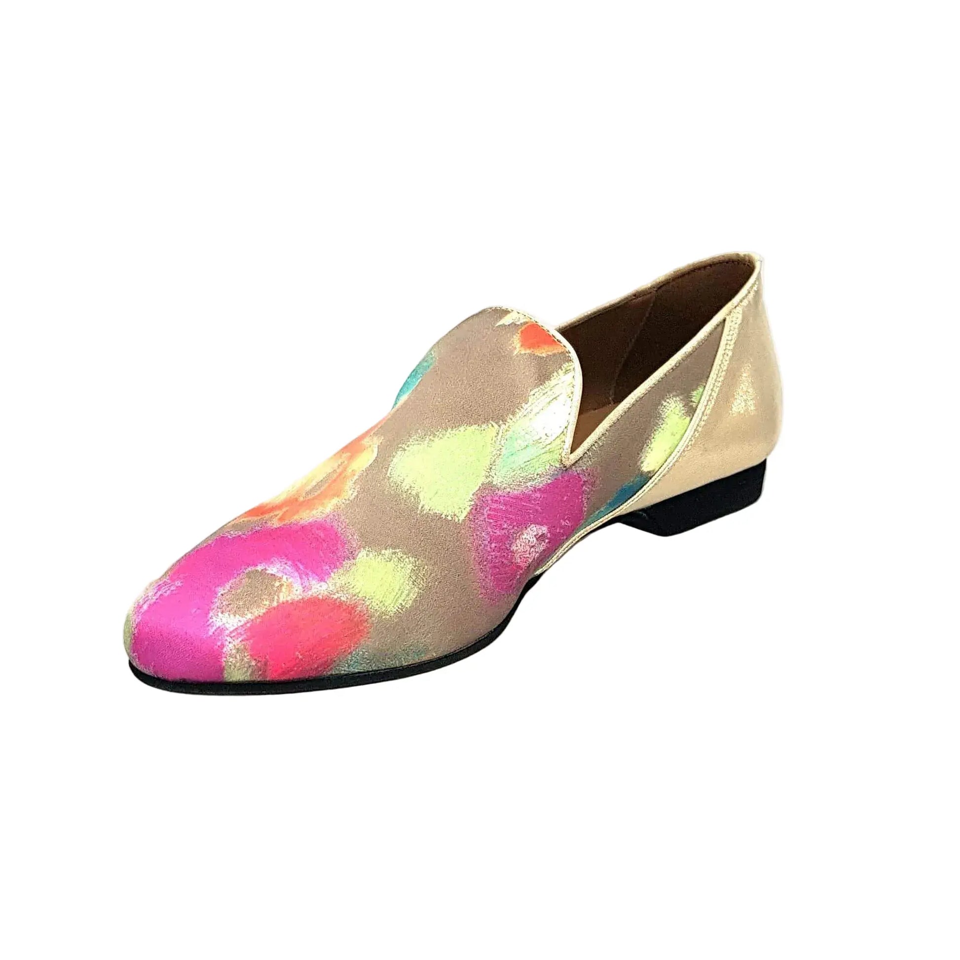 Scarpa mocassino uomo in tessuto verde con tallone in lurex oro, stile Picasso, marca Wish Dance Shop.