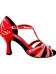 Load image into Gallery viewer, Superb (L1) - Dance Shoe in Red Silk Satin with Swarovski and Spool Heel