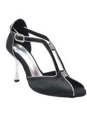 Carica immagine nella Galleria, ELIDE (401) - Scarpa da Donna in Raso Seta Nero con Profili Argento Tacco a Stiletto Laminato Argento