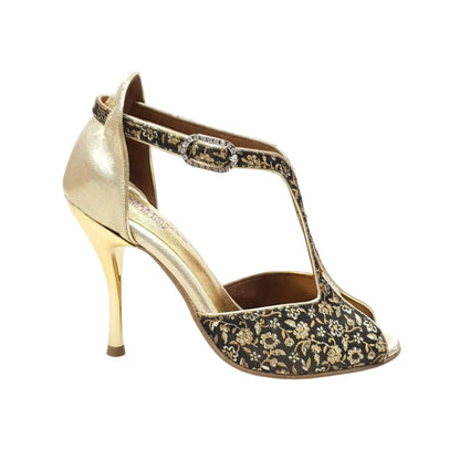 Scarpa da donna Fascino (401) Wishdance in tessuto veneziano fiorato oro con tallone in lurex oro, elegante e brillante.