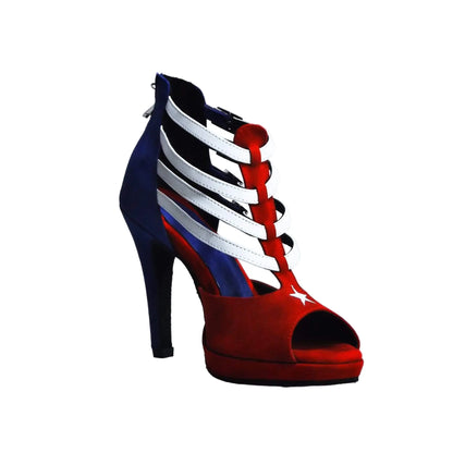 Scarpa donna Wishdance Lussuria in camoscio con stile cubano, tacco a spillo e plateau, dettaglio bandiera cubana.