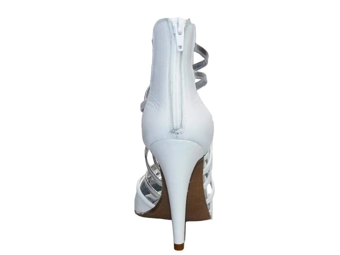 Sandalo alto da donna Wishdance Natalia in pelle bianca e argento, con design elegante e dettagli raffinati.
