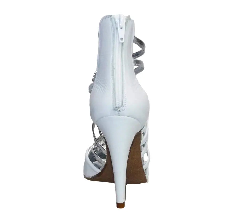 Sandalo alto da donna Wishdance Natalia in pelle bianca e argento, con tacco e cinturino elegante, scarpa estiva raffinata.