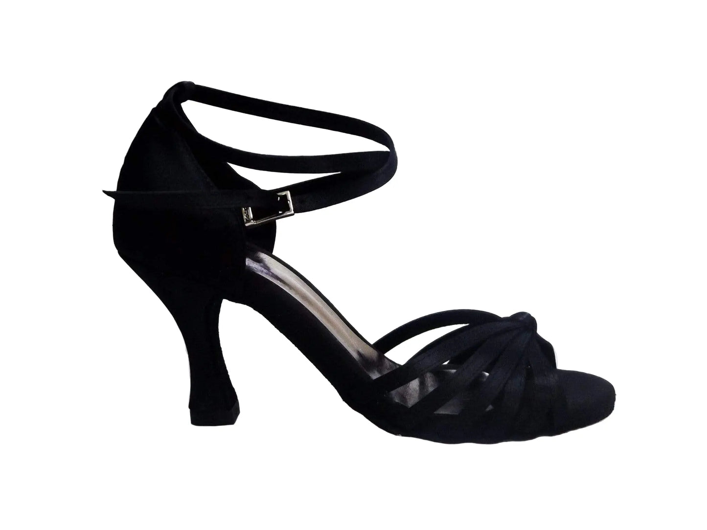 Scarpa da ballo Wishdance Pepa in raso nero con fasce rivestite in camoscio e tacco a rocchetto, modello 210/6.