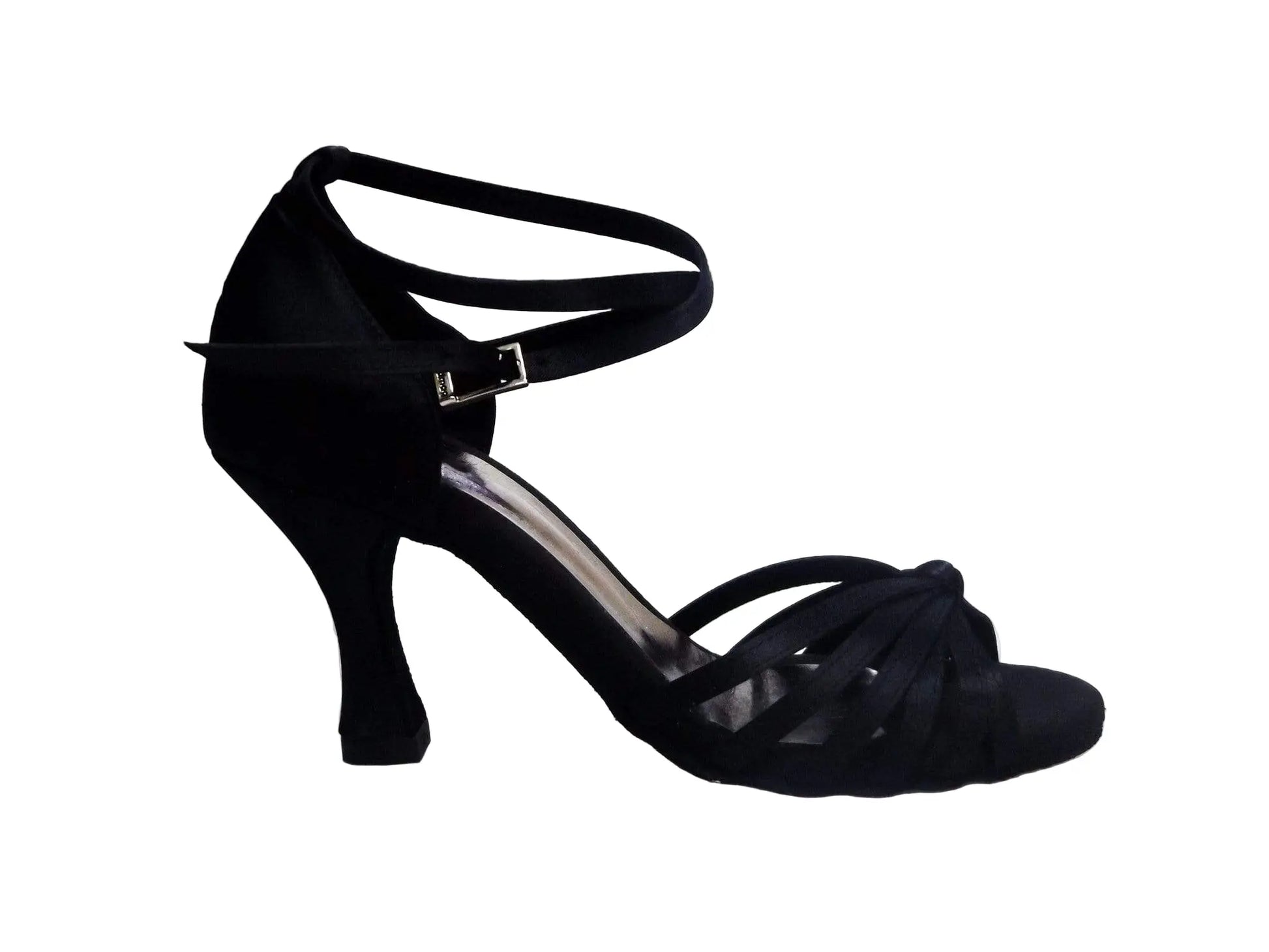Scarpa da ballo Wishdance Pepa in raso nero con fasce rivestite in camoscio e tacco a rocchetto, modello 210/6.