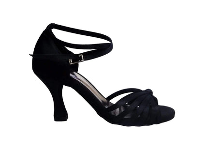 Scarpa da ballo Wishdance Pepa in raso nero con fasce rivestite in camoscio e tacco a rocchetto, modello 210/6.