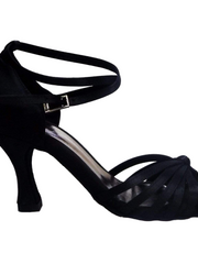 Carica immagine nella Galleria, Pepa (210/6) - Scarpa da Ballo Basica da donna in Raso Nero con 6 Fascette rivestite in Camoscio e tacco a Rocchetto
