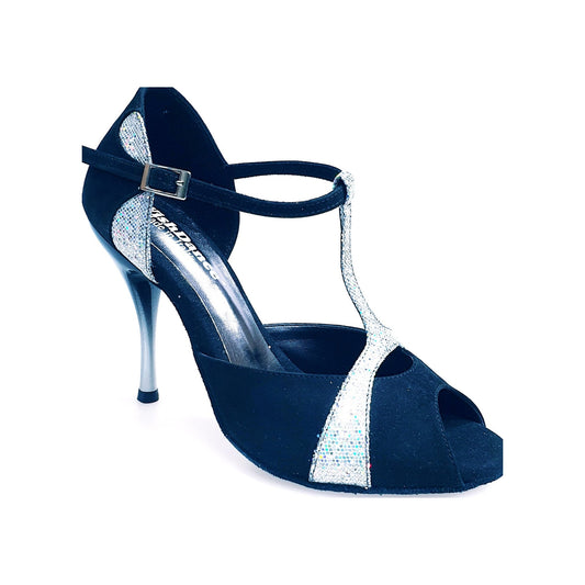 Sandalo da donna Wish Dance Shop Xena (698) in camoscio nero con dettaglio prismato silver e tacco slim.
