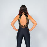 Load image into Gallery viewer, VEGA Venice (Gold) - Jumpsuit Ciniglia Bielastica Nera Disegno Glitterato Oro Sopra e  Microfibra Traspirante Nera Bielastica Modellante Contenitiva Containment sotto
