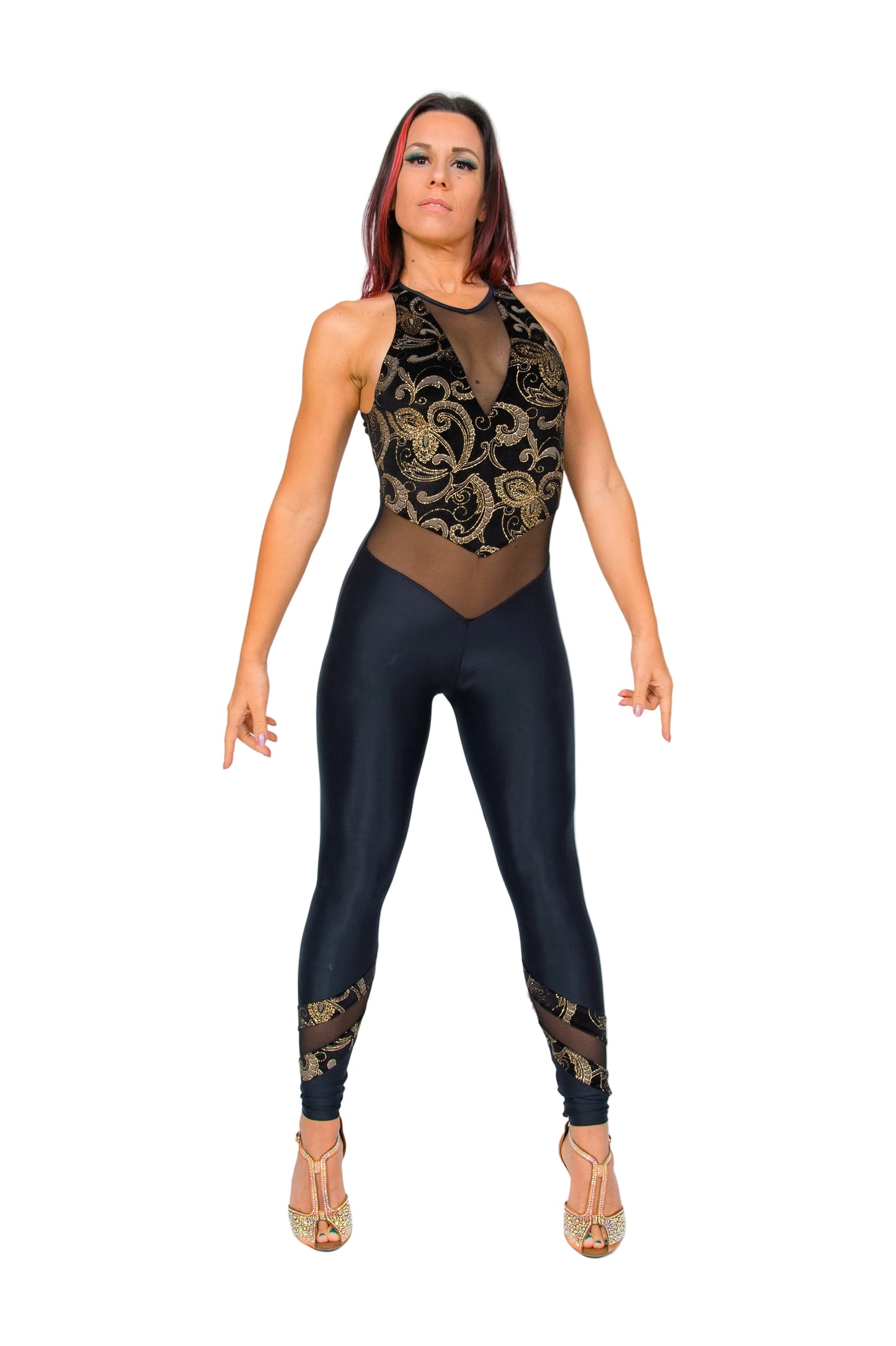 Tuta jumpsuit VEGA Venice Wish Dance Shop in ciniglia nera glitterata oro, microfibra traspirante, modellante e contenitiva.