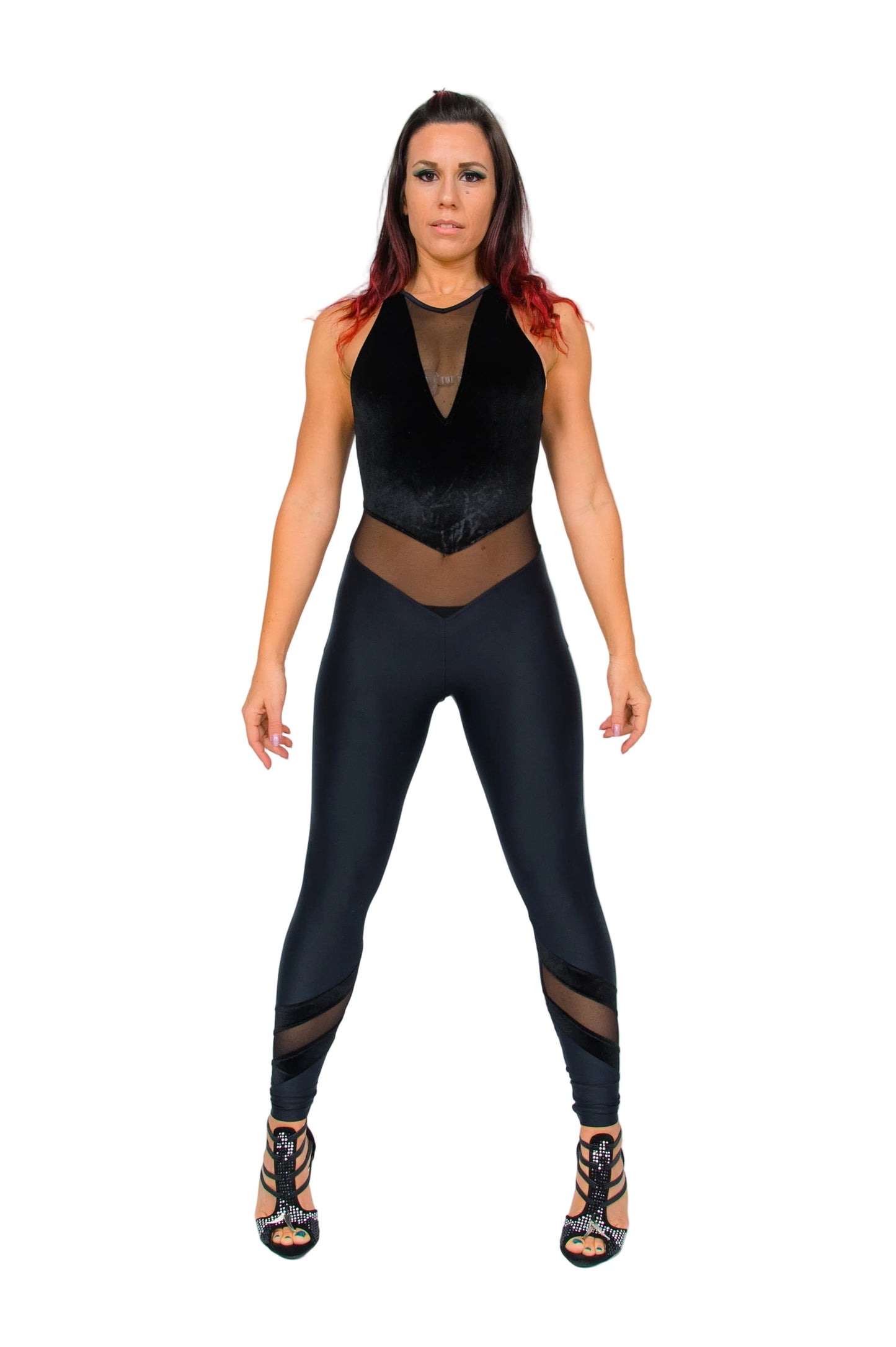 Completino jumpsuit nero VEGA Venice in ciniglia e microfibra, modellante e traspirante, con dettagli contenitivi e bielastica.