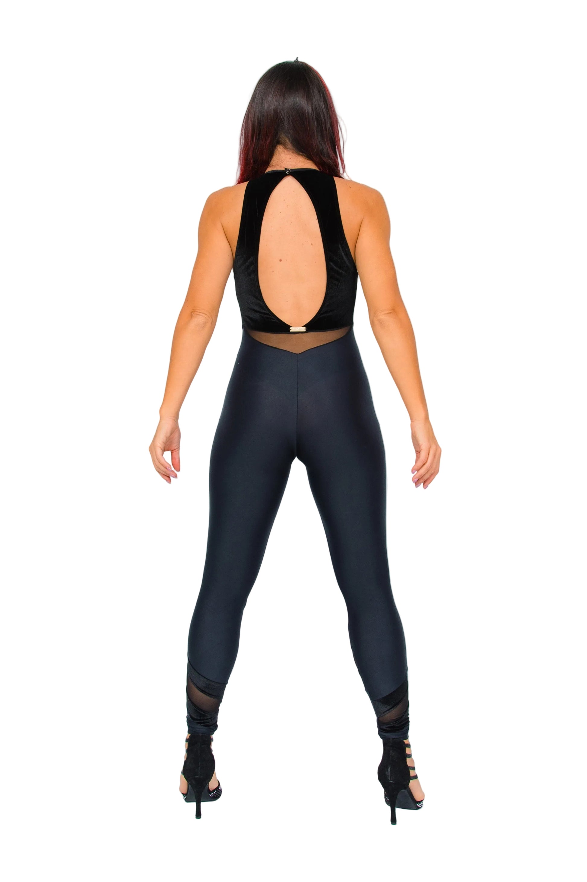 Giacca jumpsuit nero VEGA Venice in ciniglia e microfibra elastica, modello contenitivo e traspirante, vista retro.