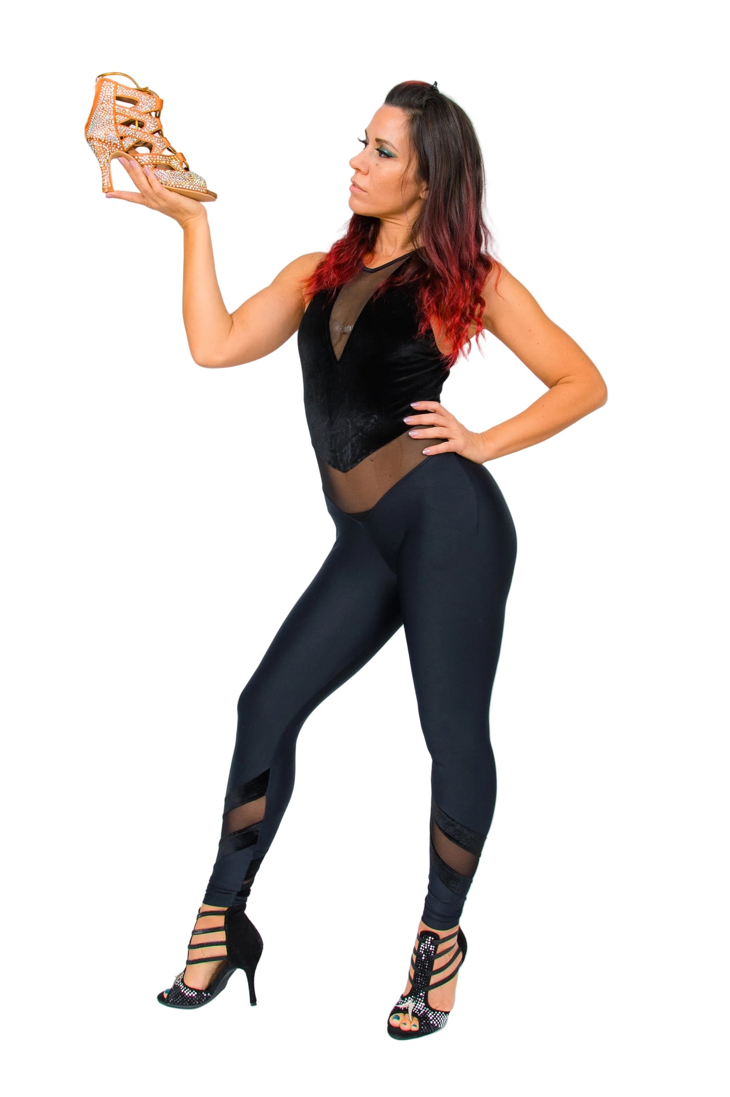 Jumpsuit nero VEGA Venice di Wish Dance Shop, in ciniglia elastica modellante e microfibra traspirante, vista frontale.