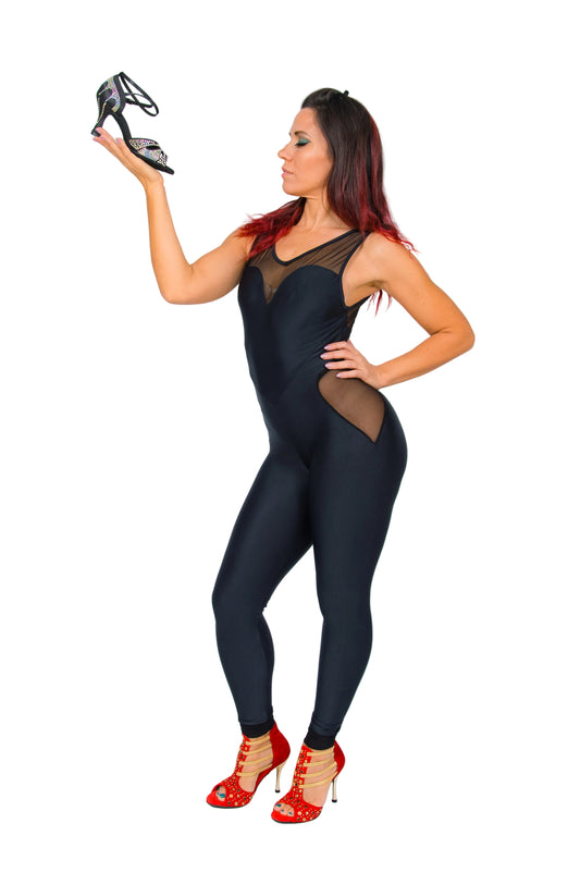 Jumpsuit in Microfibra Bielastica Traspirante Modellante Contenitiva Conteinment colore Nero Cuore ANDREA, vista frontale