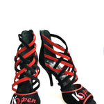 Carica immagine nella Galleria, Megan (161) K.Open - Sandalo da Donna in Camoscio nero Strisce in camoscio Rosso e camoscio Nero Ricamo Kizomba Open rosso
