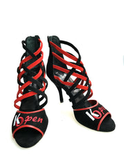 Carica immagine nella Galleria, Megan (161) K.Open - Sandalo da Donna in Camoscio nero Strisce in camoscio Rosso e camoscio Nero Ricamo Kizomba Open rosso
