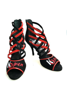 Megan (161) K.Open - Sandalo da Donna in Camoscio nero Strisce in camoscio Rosso e camoscio Nero Ricamo Kizomba Open rosso