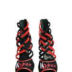 Carica immagine nella Galleria, Megan (161) K.Open - Sandalo da Donna in Camoscio nero Strisce in camoscio Rosso e camoscio Nero Ricamo Kizomba Open rosso
