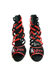 Carica immagine nella Galleria, Megan (161) K.Open - Sandalo da Donna in Camoscio nero Strisce in camoscio Rosso e camoscio Nero Ricamo Kizomba Open rosso
