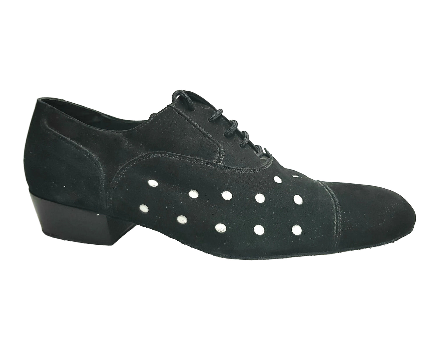Scarpa uomo Vasco Movida by WISH DANCE in camoscio nero con pois bianchi, elegante e stilosa in primo piano.