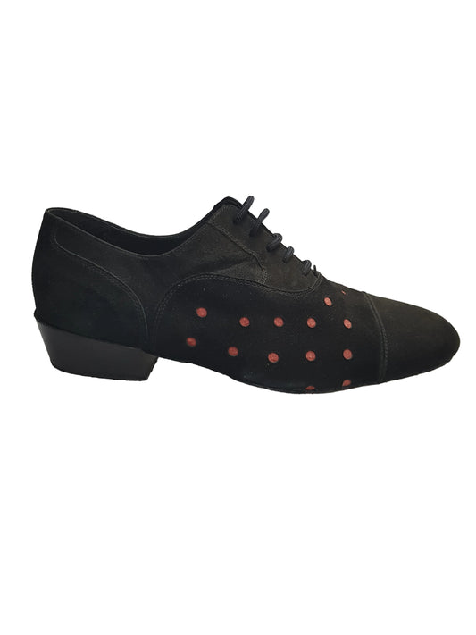 Scarpa da uomo Vasco Movida by WISH DANCE in camoscio nero con pois rossi, elegante e comoda, vista frontale.