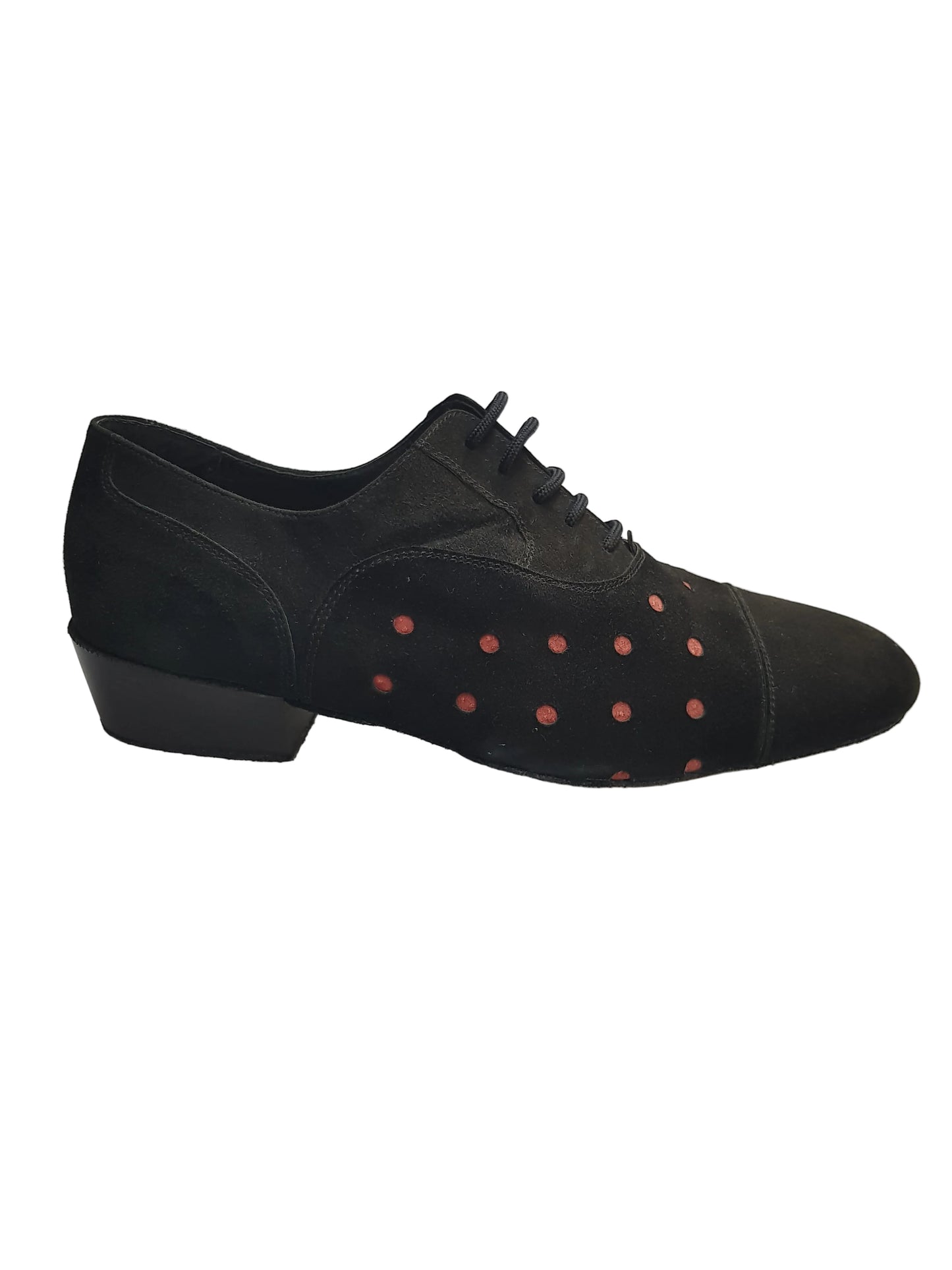 Scarpa da uomo Vasco Movida by WISH DANCE in camoscio nero con pois rossi, elegante e comoda, vista frontale.