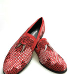 Load image into Gallery viewer, Lion Red Silver Black (PJ) - Red Suede Moccasin for Men with Black / Silver Mini Studs and Fangs
