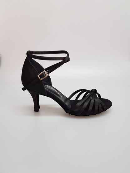 Scarpa da donna Wish Dance Shop Patty QB in raso nero con cinturino doppio, fascette, tacco basso a spillo largo, ideale per ballo