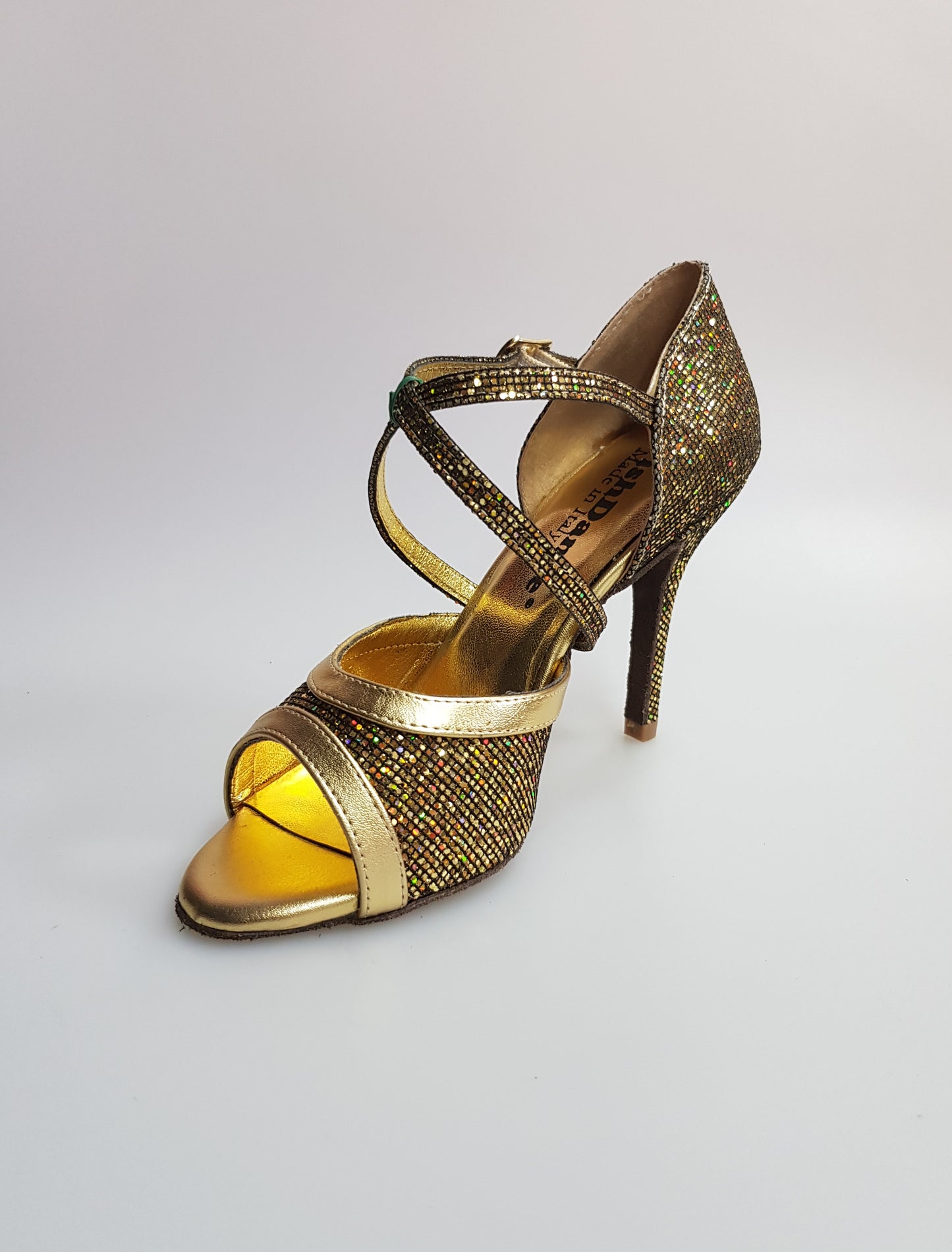 Sandalo da donna Wendi/BO-N Wish Dance Shop in pelle oro e dettaglio boreale, con suola comoda e design elegante.
