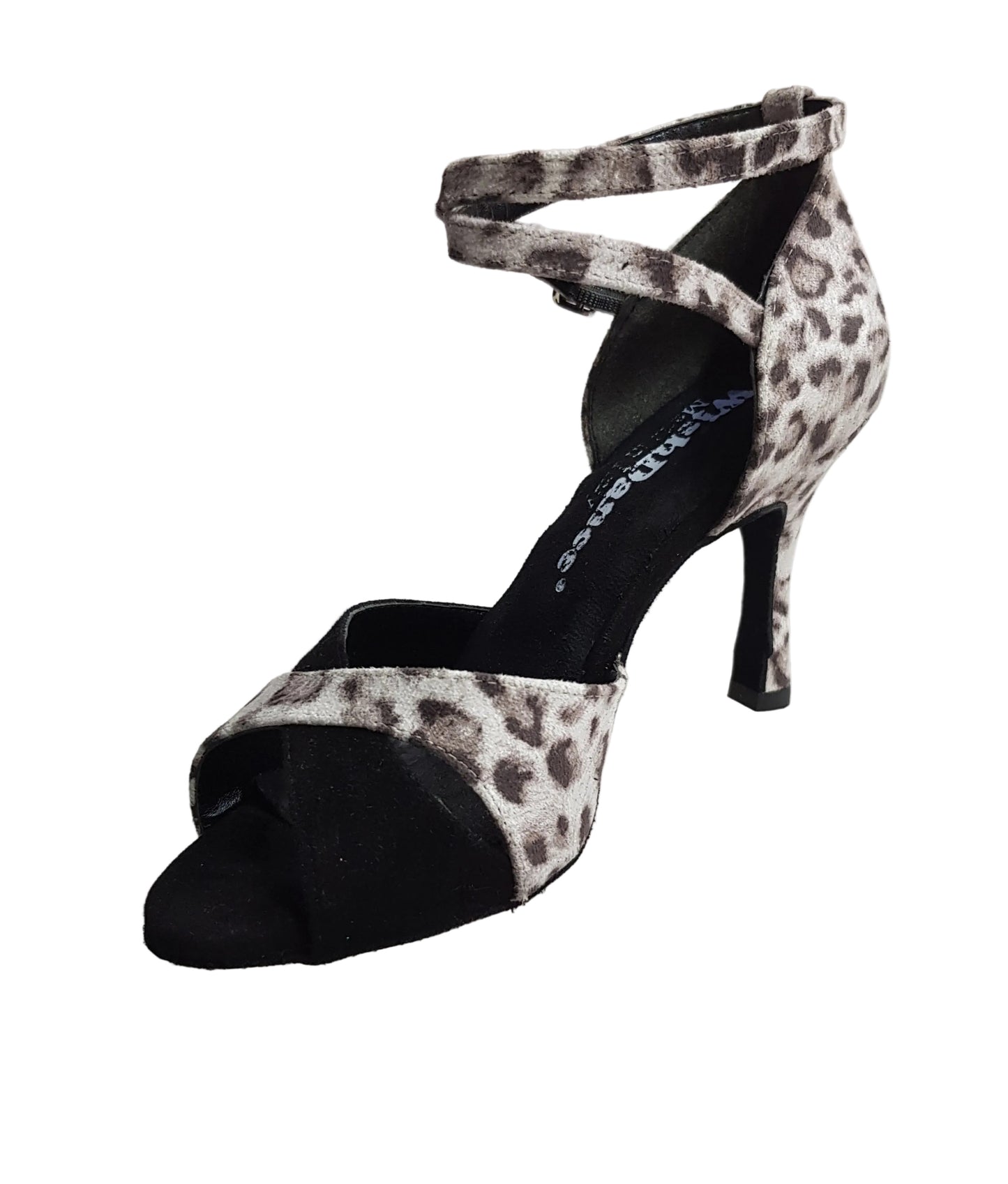 Sandalo donna Wish Dance Shop Elison QB 32QB NA in tessuto maculato grigio e camoscio nero, dettaglio di design elegante