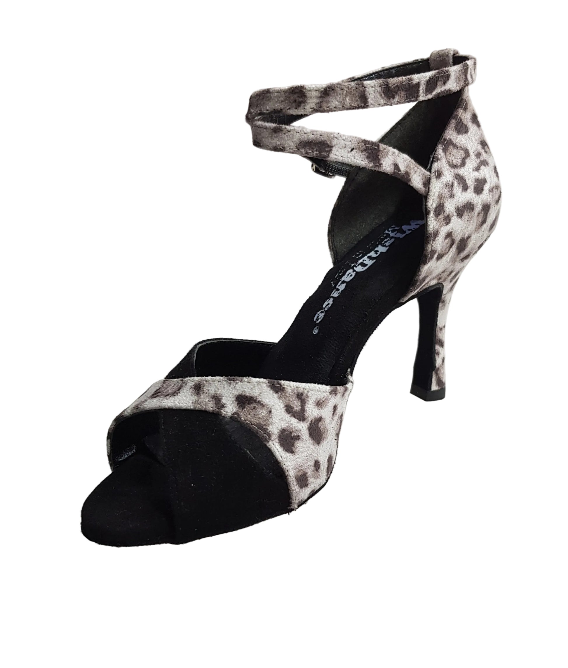 Sandalo donna Wish Dance Shop Elison QB 32QB NA in tessuto maculato grigio e camoscio nero, dettaglio di design elegante