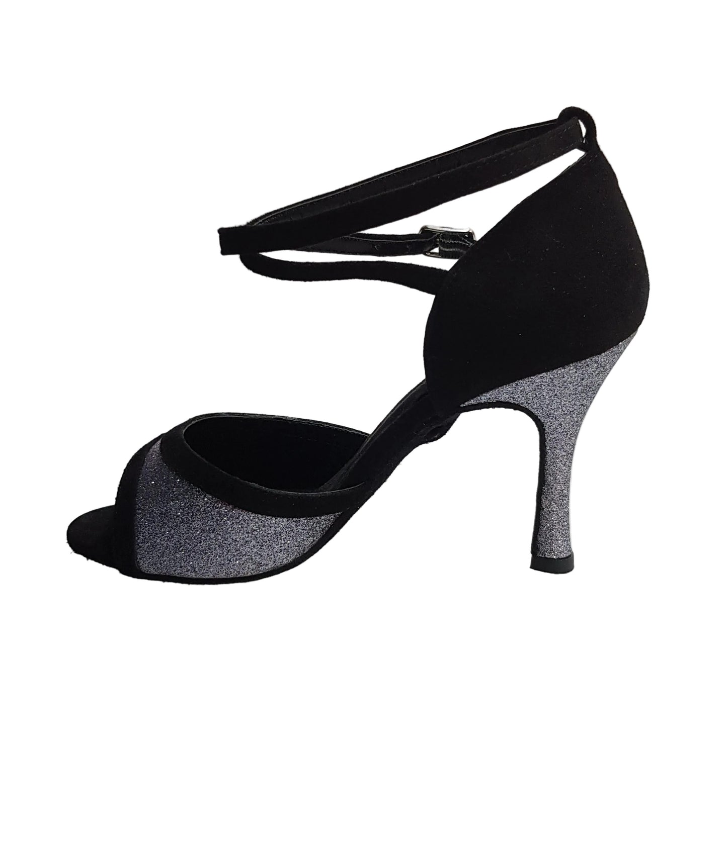 Sandalo donna Wendi/BO-N in camoscio nero e glitter grigio carbonio, scarpa elegante Wish Dance Shop, dettaglio della tomaia