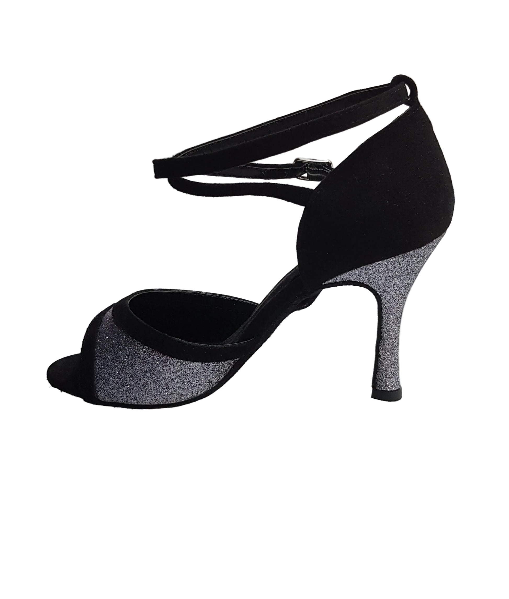 Sandalo donna Wendi/BO-N in camoscio nero e glitter grigio carbonio, scarpa elegante Wish Dance Shop, dettaglio della tomaia