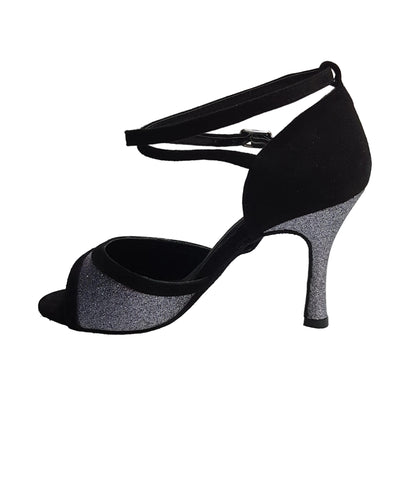 Sandalo donna Wendi/BO-N in camoscio nero e glitter grigio carbonio, scarpa elegante Wish Dance Shop, dettaglio della tomaia