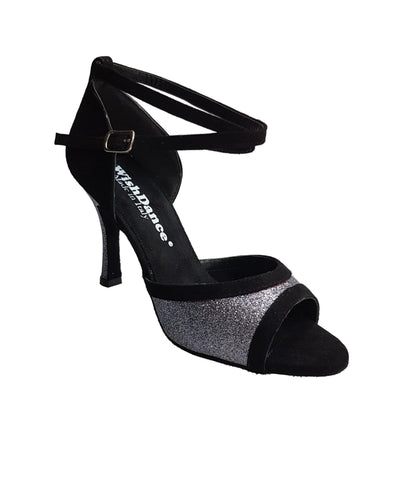 Sandalo donna Wendi/BO-N Wish Dance Shop in camoscio nero e glitter grigio carbonio, con cinturino e suola piatta.