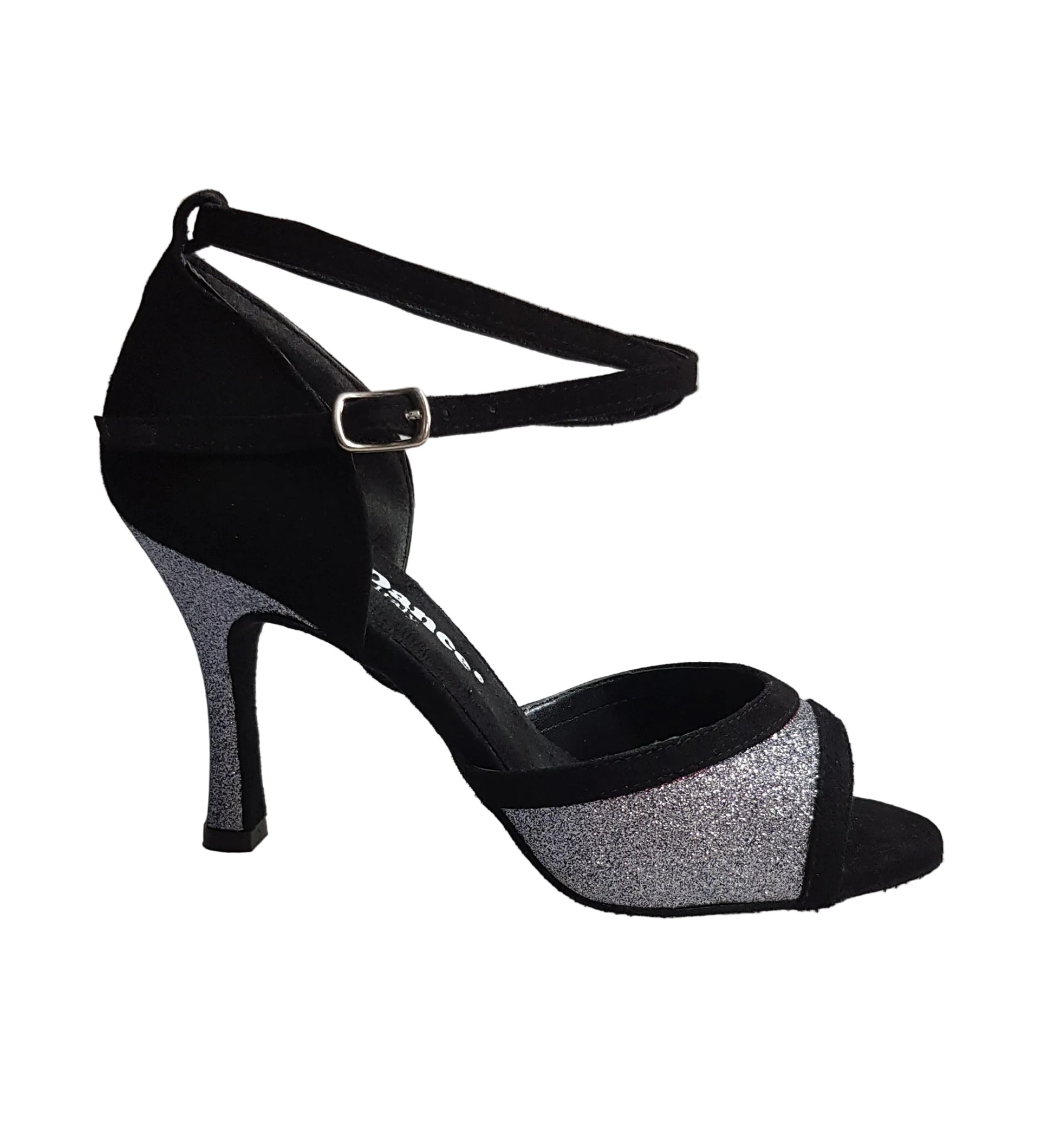 Sandalo da donna Wendi/BO-N Wish Dance Shop in camoscio nero e glitter grigio carbonio, con suola elegante e dettagli luminosi