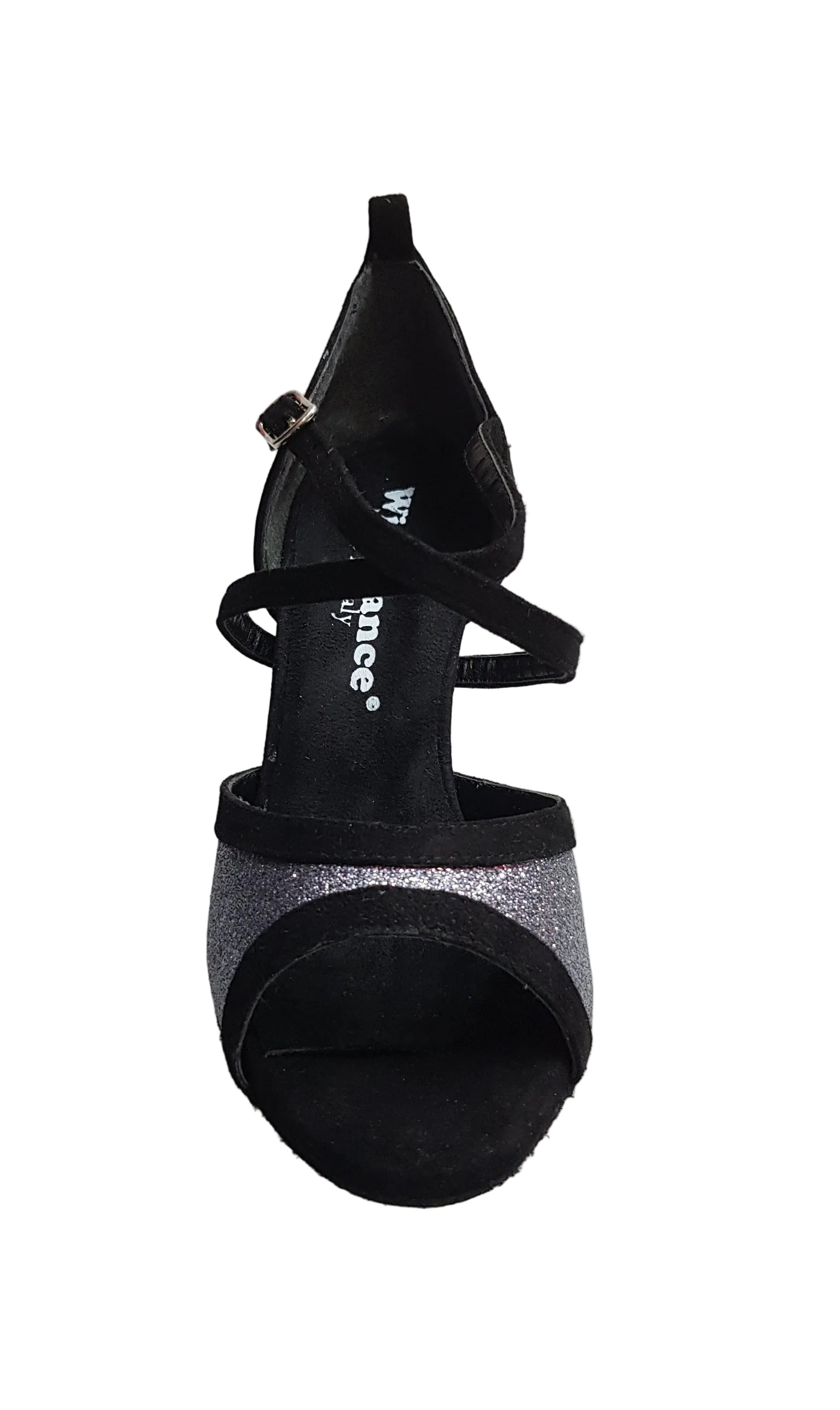Sandalo donna Wendi/BO-N Wish Dance Shop in camoscio nero e glitter grigio carbonio, con cinturino e tacco basso.