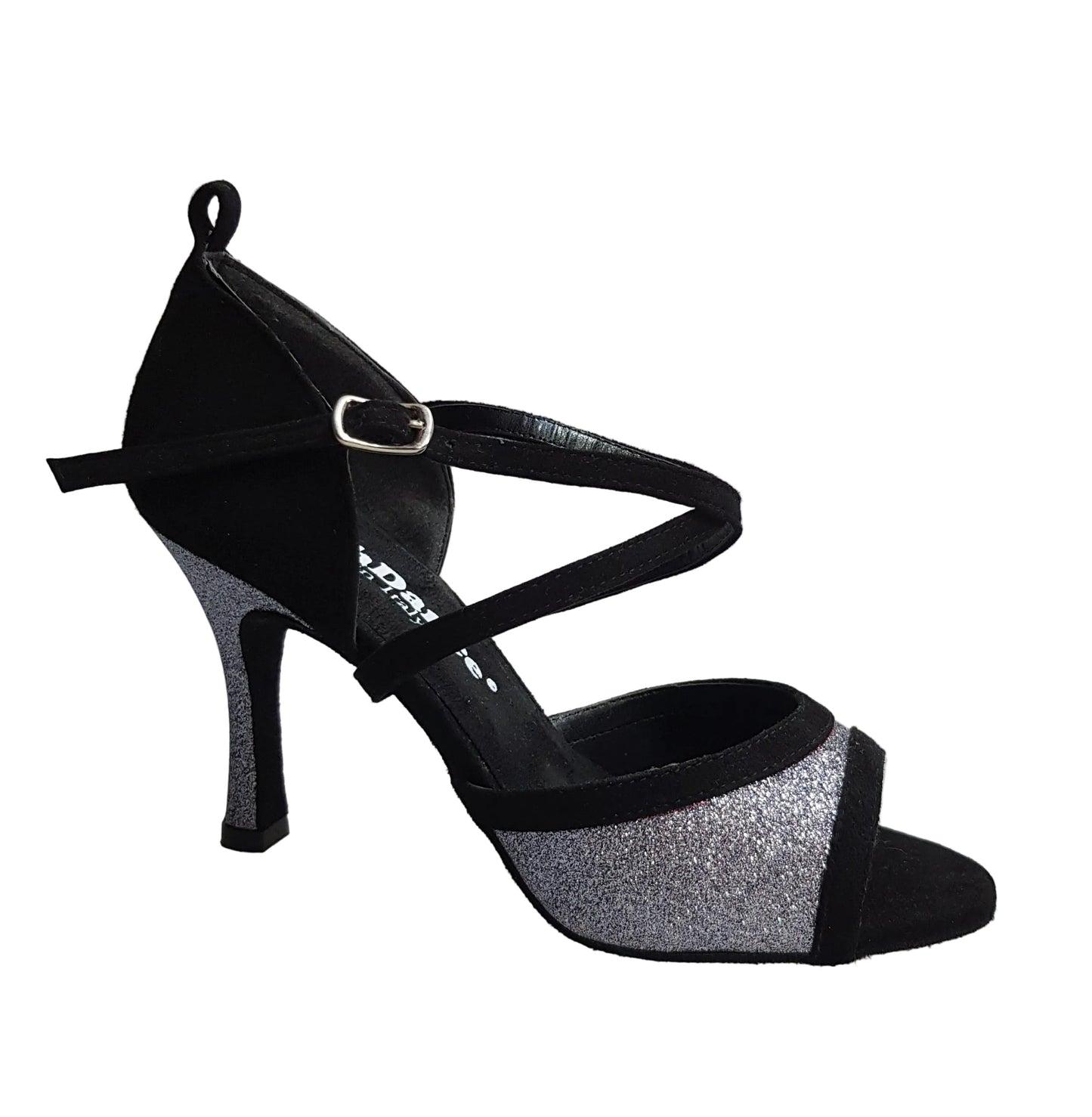 Sandalo donna Wendi/BO-N in camoscio nero e glitter grigio carbonio, modello del 2016, di Wish Dance Shop.